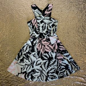 Tropical print A-line mini dress pink black white